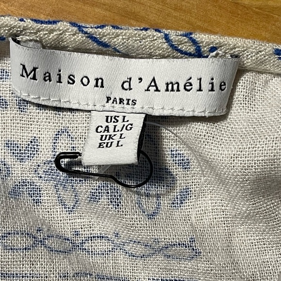 MAISON D’AIMELIE Paris Wrap Top and Skirt Cream Blue Block Print SZ L Wrap top - Picture 7 of 7